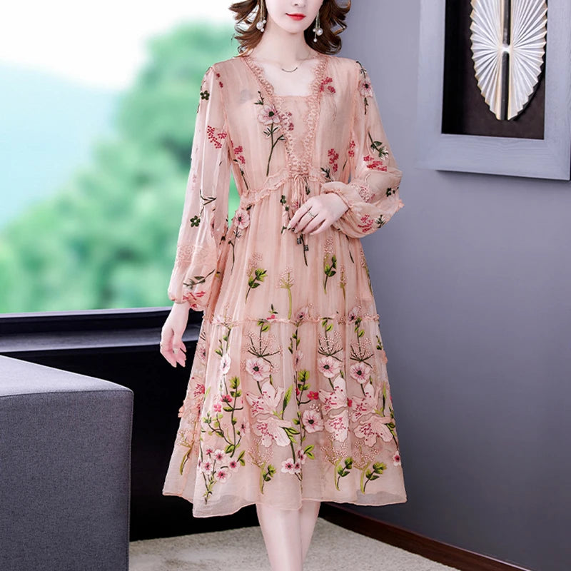 2023 Women Pink Floral Embroidery Long Sleeve Midi Dress Spring Autumn Korean Fashion Natural Silk Dresses Elegant Bodycon Robe