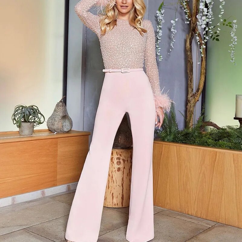 Elegant Bodycon Jumpsuit Women Slim Fit Straight Sequins Feather Stitching Long Sleeves Spring Romber Lady Party Sexy Playsuit