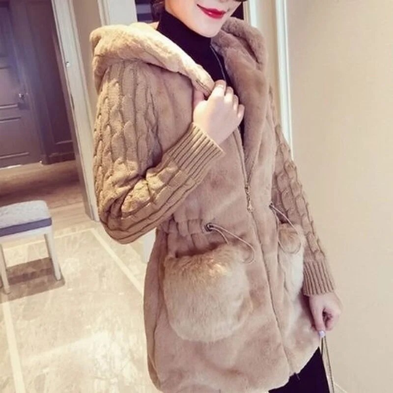 ZOGAA Women's warm plush stitching knitted long-sleeved hooded jacket