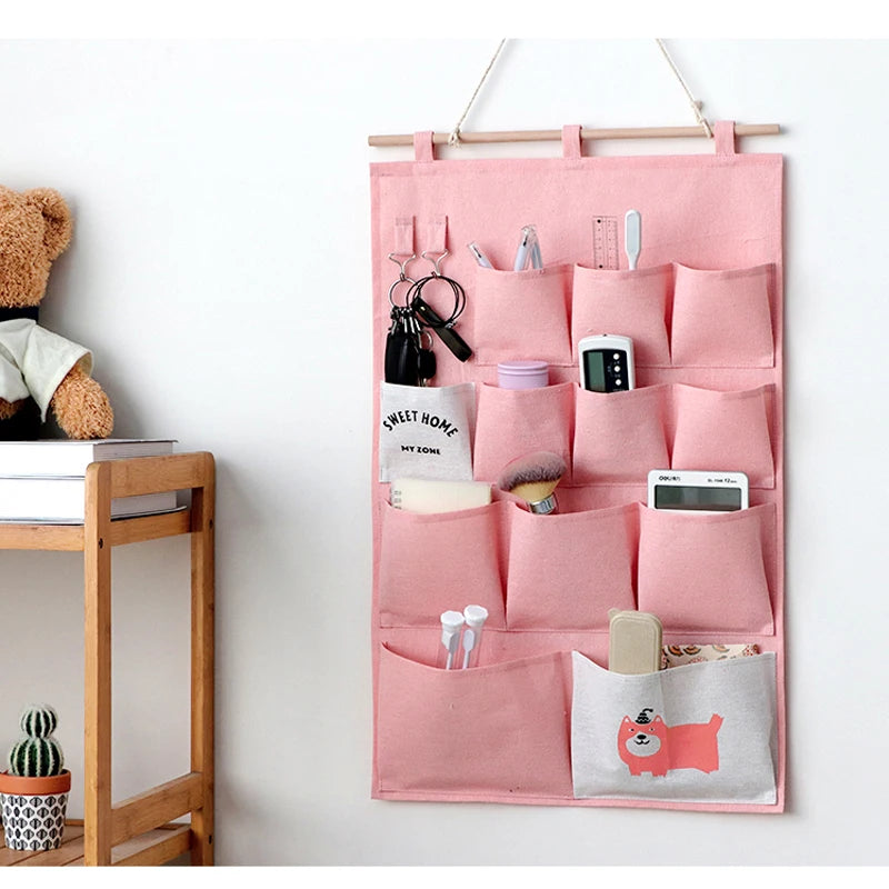 Cotton Linen Hanging Storage Bag 3/7 Pockets Wall Mounted Wardrobe Hang Bag Bedroom Bedside Cosmetic Clothes Organizer