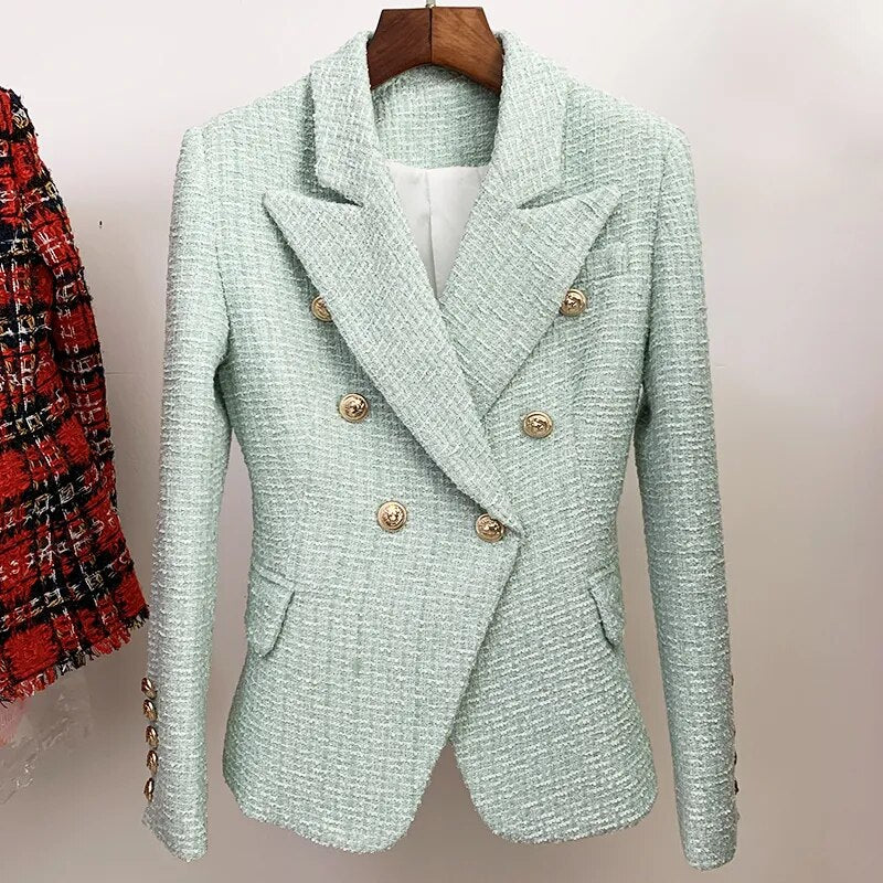 HIGH STREET Newest 2023 Designer Jacket Women's Classic Metal Buttons Double Breasted Tweed Blazer Mint Green