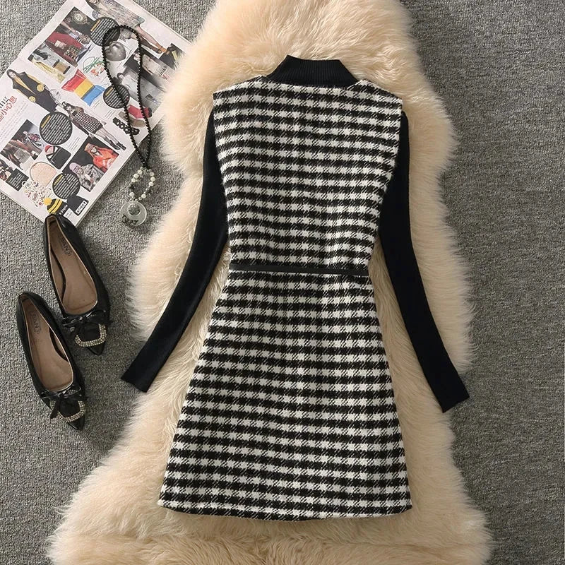 Houndstooth Tweed Vest Two Piece Set Women Outfit 2023 Korean Slim Turtleneck Sweater And Vintage Plaid Waistcoat Elegant Suits