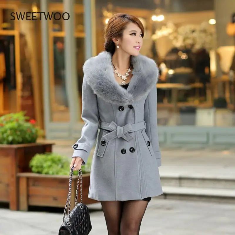 Womens Faux Fur Collar Solid Trench Coats Lady Slim Double Breasted Woolen Jackets Coat New Autumn Winter Female Outwear 5Xl