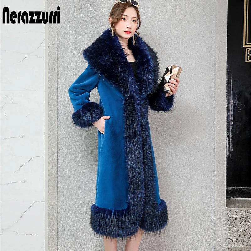 Nerazzurri Elegant Luxury runway faux fur coat women 2021 Winter black blue red long furry fluffy outwear with fox fur collar