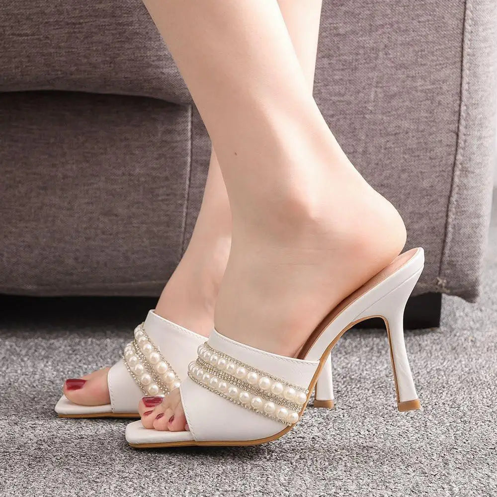 Crystal Queen New Design Square Toe Thin High Heels Slippers Women Sandals Fashion Slip On Slides Summer Shoes Mules