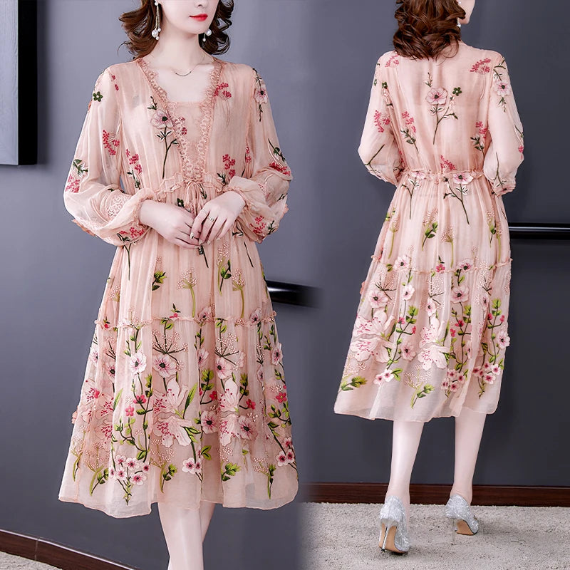 2023 Women Pink Floral Embroidery Long Sleeve Midi Dress Spring Autumn Korean Fashion Natural Silk Dresses Elegant Bodycon Robe