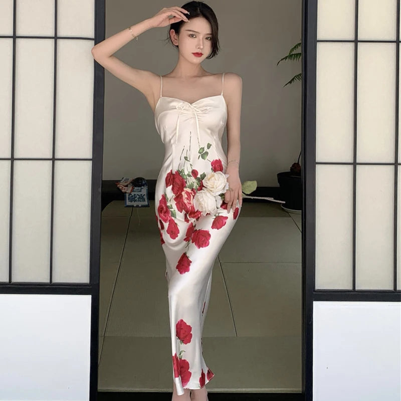 Fashion Vintage Sexy Strapless Sleeveless Midi Party Club Dress Ladies Elegant Robe Casual Floral Print Beach Vacation Dress