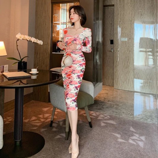 new arrival comfortable fashion print formal dress temperamental v-neck high quality office lady slim sexy elegant pencil dress