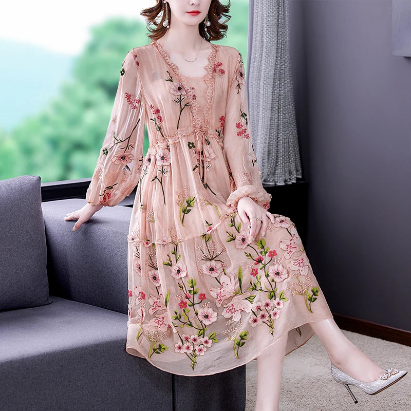 2023 Women Pink Floral Embroidery Long Sleeve Midi Dress Spring Autumn Korean Fashion Natural Silk Dresses Elegant Bodycon Robe