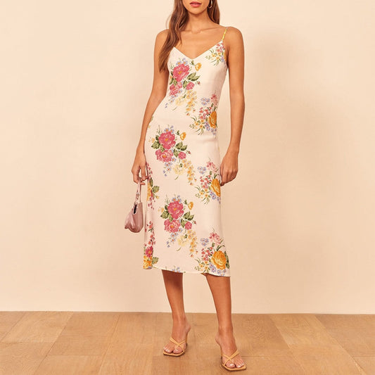 Women Dresses Summer 2020 Elegant Vintage Print Floral Dress Women Summer V Neck Spaghetti Strap Chiffon Midi Casual Woman Dress