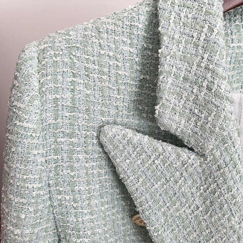 HIGH STREET Newest 2023 Designer Jacket Women's Classic Metal Buttons Double Breasted Tweed Blazer Mint Green