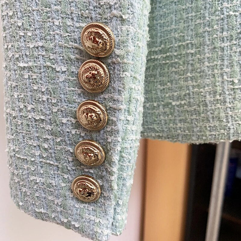 HIGH STREET Newest 2023 Designer Jacket Women's Classic Metal Buttons Double Breasted Tweed Blazer Mint Green