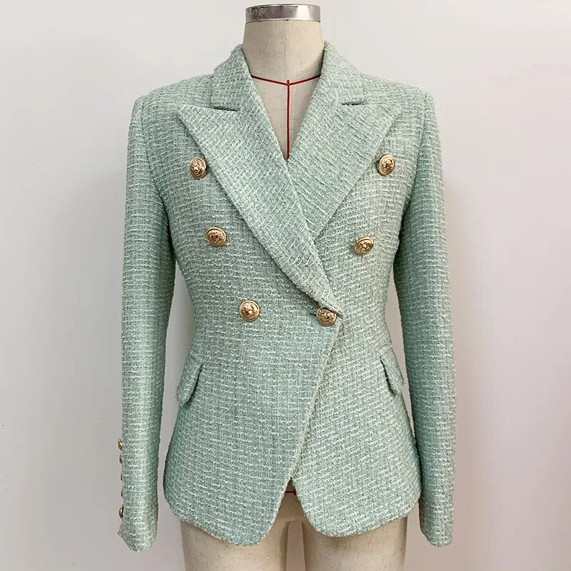 HIGH STREET Newest 2023 Designer Jacket Women's Classic Metal Buttons Double Breasted Tweed Blazer Mint Green