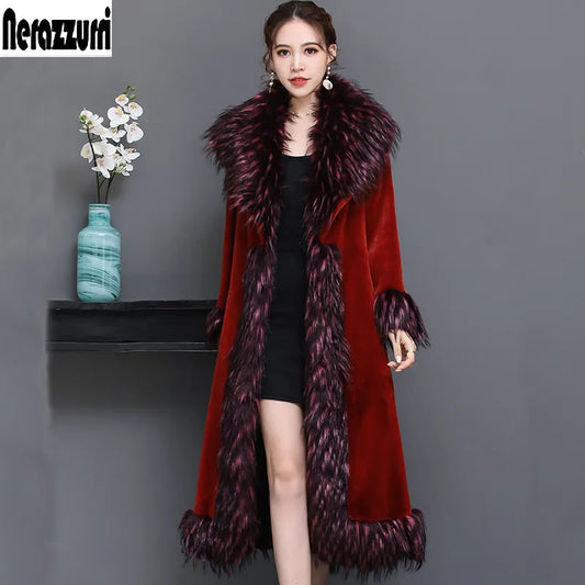 Nerazzurri Elegant Luxury runway faux fur coat women 2021 Winter black blue red long furry fluffy outwear with fox fur collar