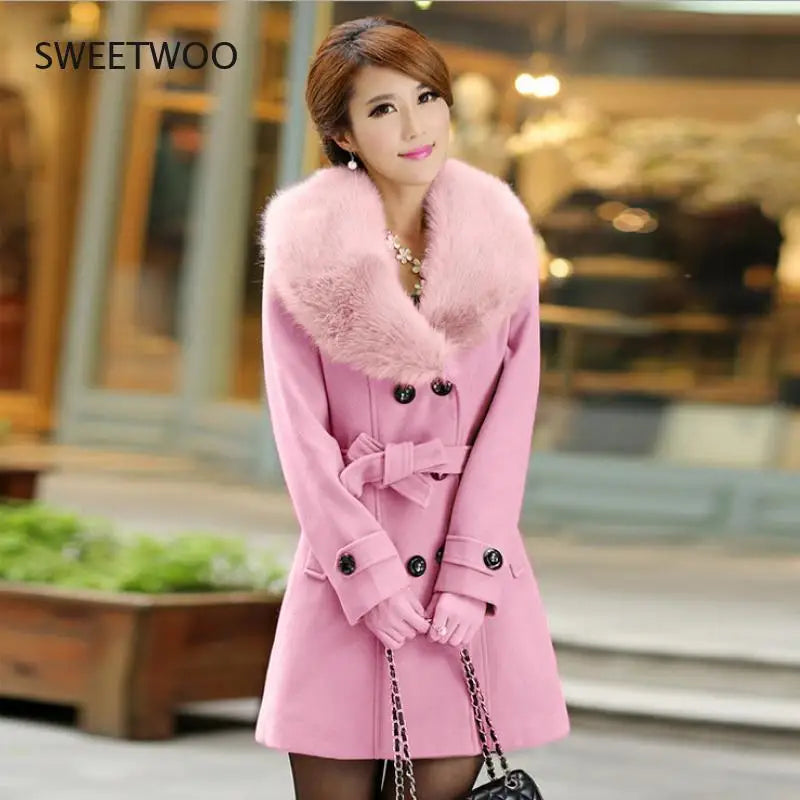 Womens Faux Fur Collar Solid Trench Coats Lady Slim Double Breasted Woolen Jackets Coat New Autumn Winter Female Outwear 5Xl