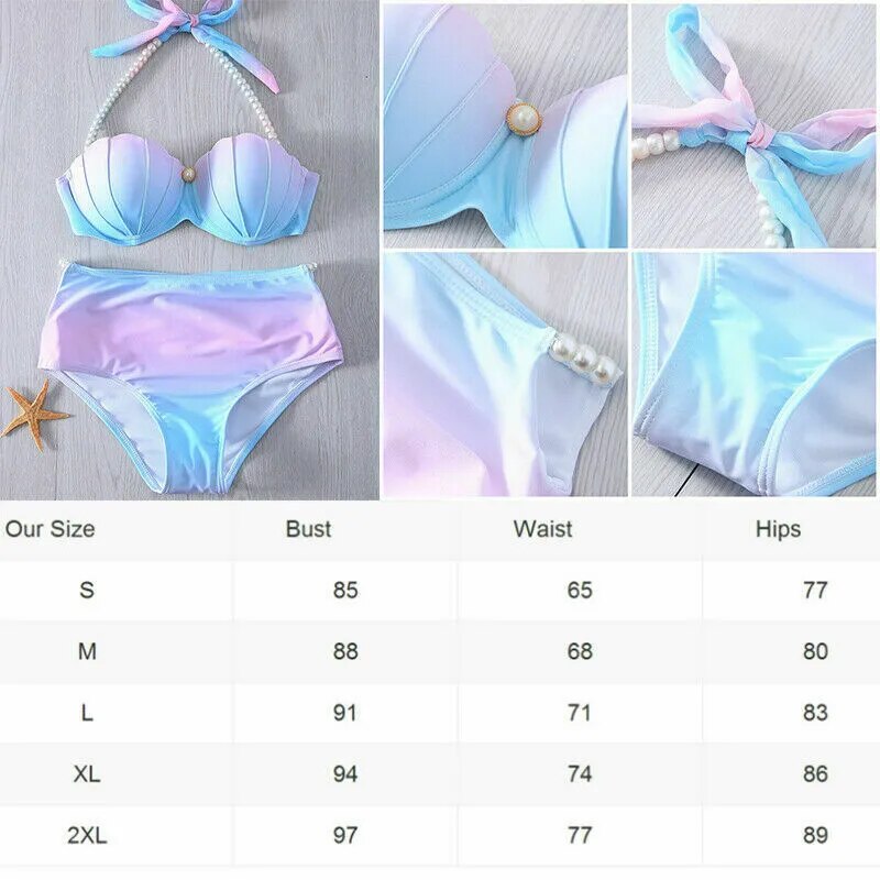 Sexy Women's Pearl Sling Bikini Suit Gradient Mermaid Shell Pearl Bra Swimsuit with Cushion Push Up Swimsuit Sea Speed Dry