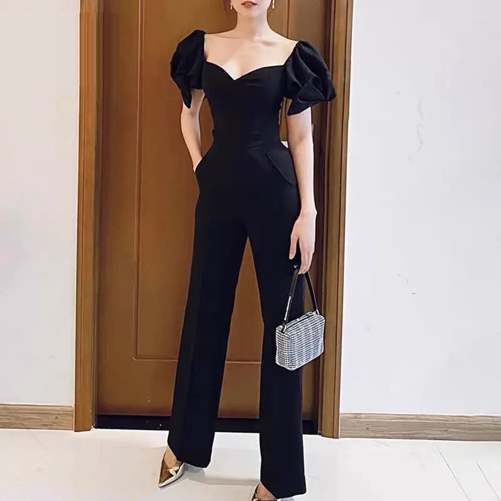 SMTHMA High Quality New Fashion Elegant Women Jumpsuits Sexy Strapless Puff Short Sleeve High Waist Slim Black Jumpsuit