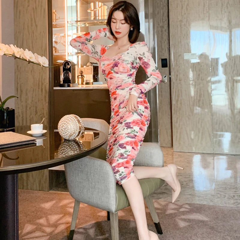 new arrival comfortable fashion print formal dress temperamental v-neck high quality office lady slim sexy elegant pencil dress