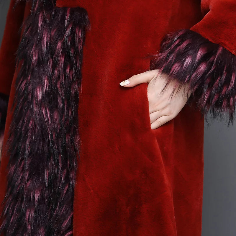 Nerazzurri Elegant Luxury runway faux fur coat women 2021 Winter black blue red long furry fluffy outwear with fox fur collar