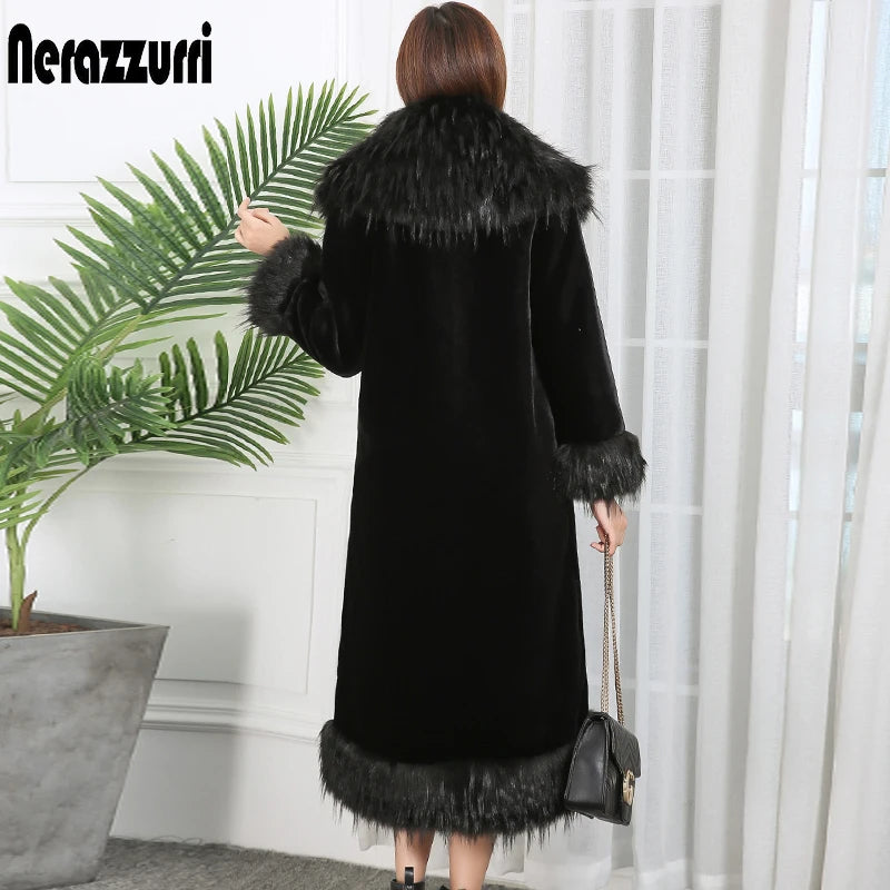 Nerazzurri Elegant Luxury runway faux fur coat women 2021 Winter black blue red long furry fluffy outwear with fox fur collar