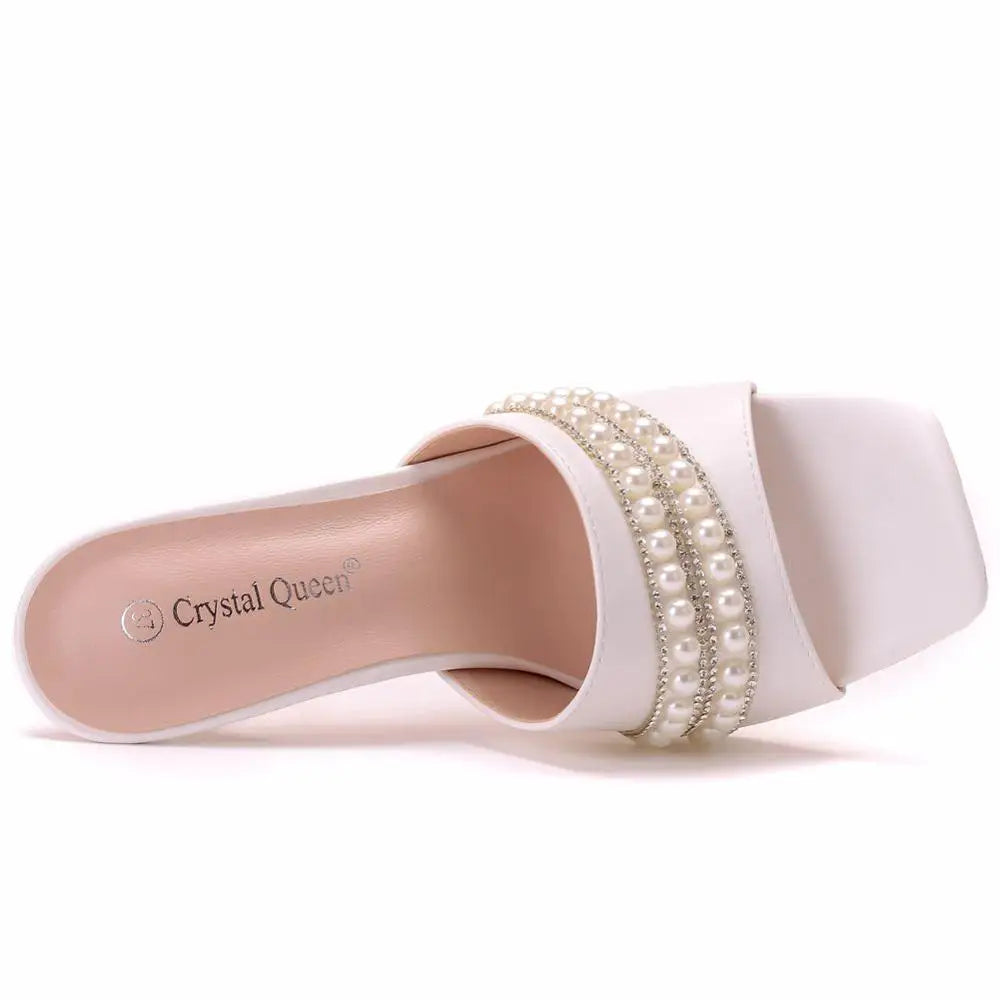 Crystal Queen New Design Square Toe Thin High Heels Slippers Women Sandals Fashion Slip On Slides Summer Shoes Mules