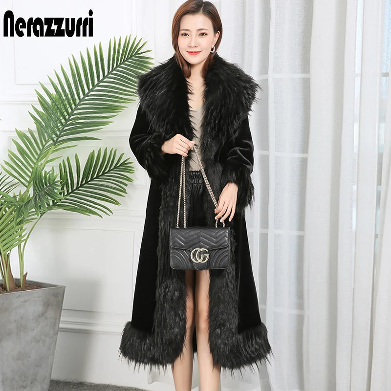 Nerazzurri Elegant Luxury runway faux fur coat women 2021 Winter black blue red long furry fluffy outwear with fox fur collar