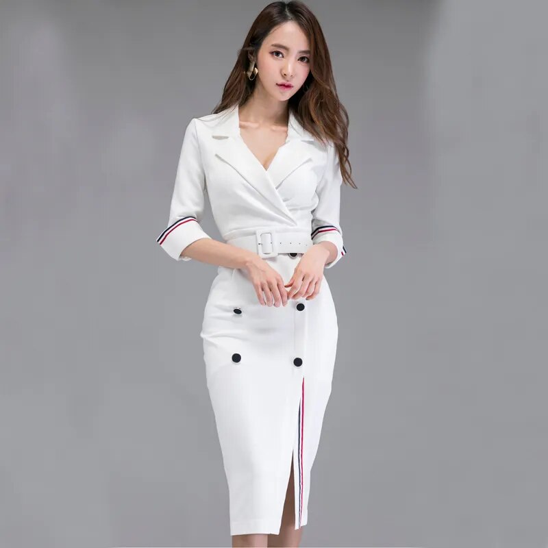 New Autumn Winter Formal Dress Elegant White Half Sleeve Slim Office Lady Work Dress