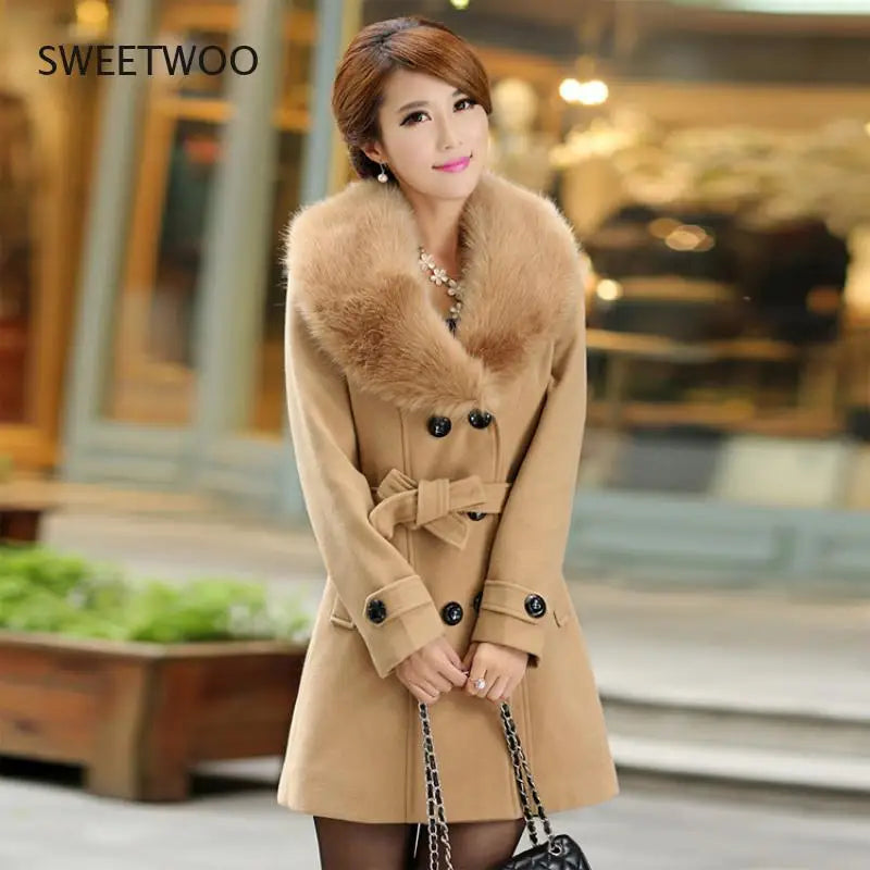 Womens Faux Fur Collar Solid Trench Coats Lady Slim Double Breasted Woolen Jackets Coat New Autumn Winter Female Outwear 5Xl