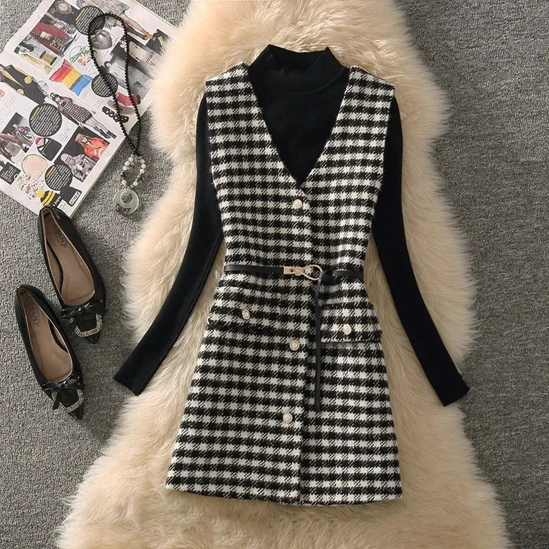 Houndstooth Tweed Vest Two Piece Set Women Outfit 2023 Korean Slim Turtleneck Sweater And Vintage Plaid Waistcoat Elegant Suits