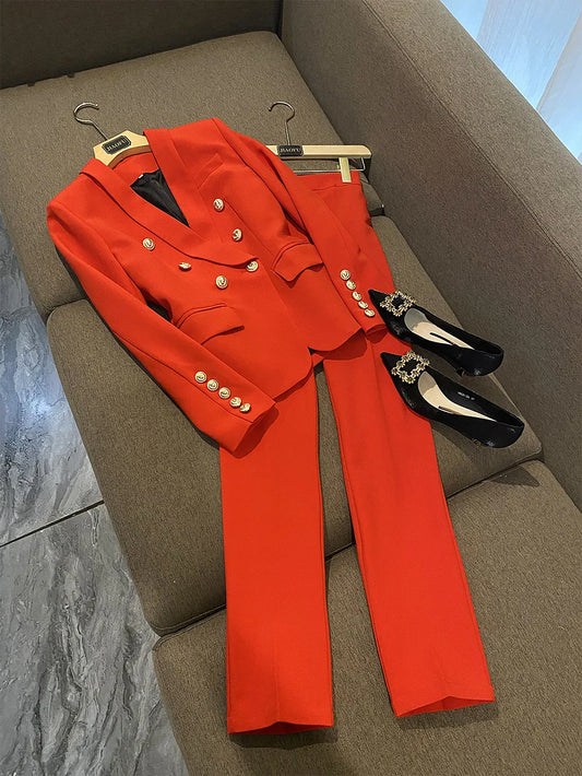 JUNE LIPS Designer Beige Black Red Blazer Suit Set Women's Classic Shawl Collar Lion Buttons Double Breasted Blazer Pants Suits