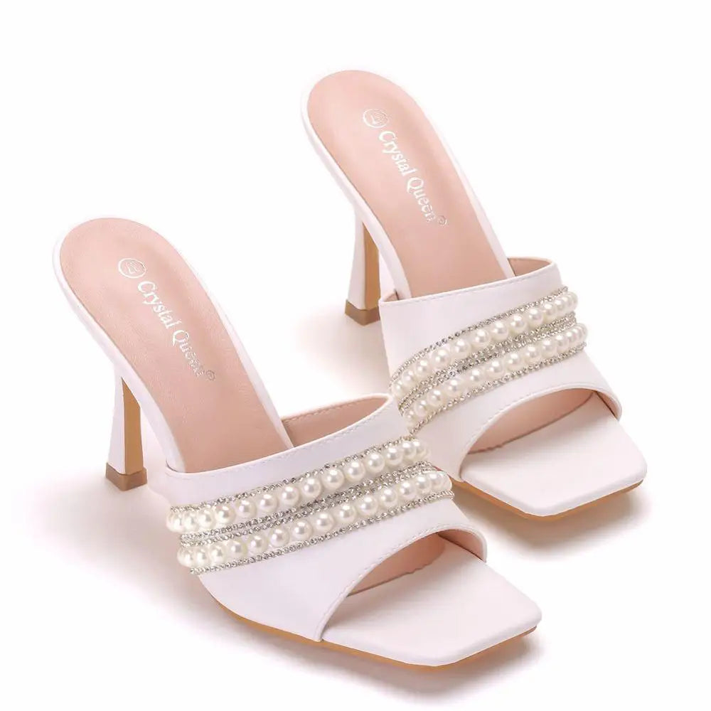 Crystal Queen New Design Square Toe Thin High Heels Slippers Women Sandals Fashion Slip On Slides Summer Shoes Mules