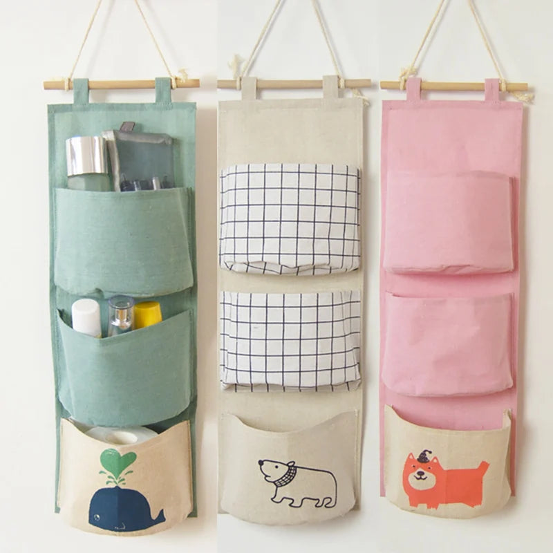 Cotton Linen Hanging Storage Bag 3/7 Pockets Wall Mounted Wardrobe Hang Bag Bedroom Bedside Cosmetic Clothes Organizer