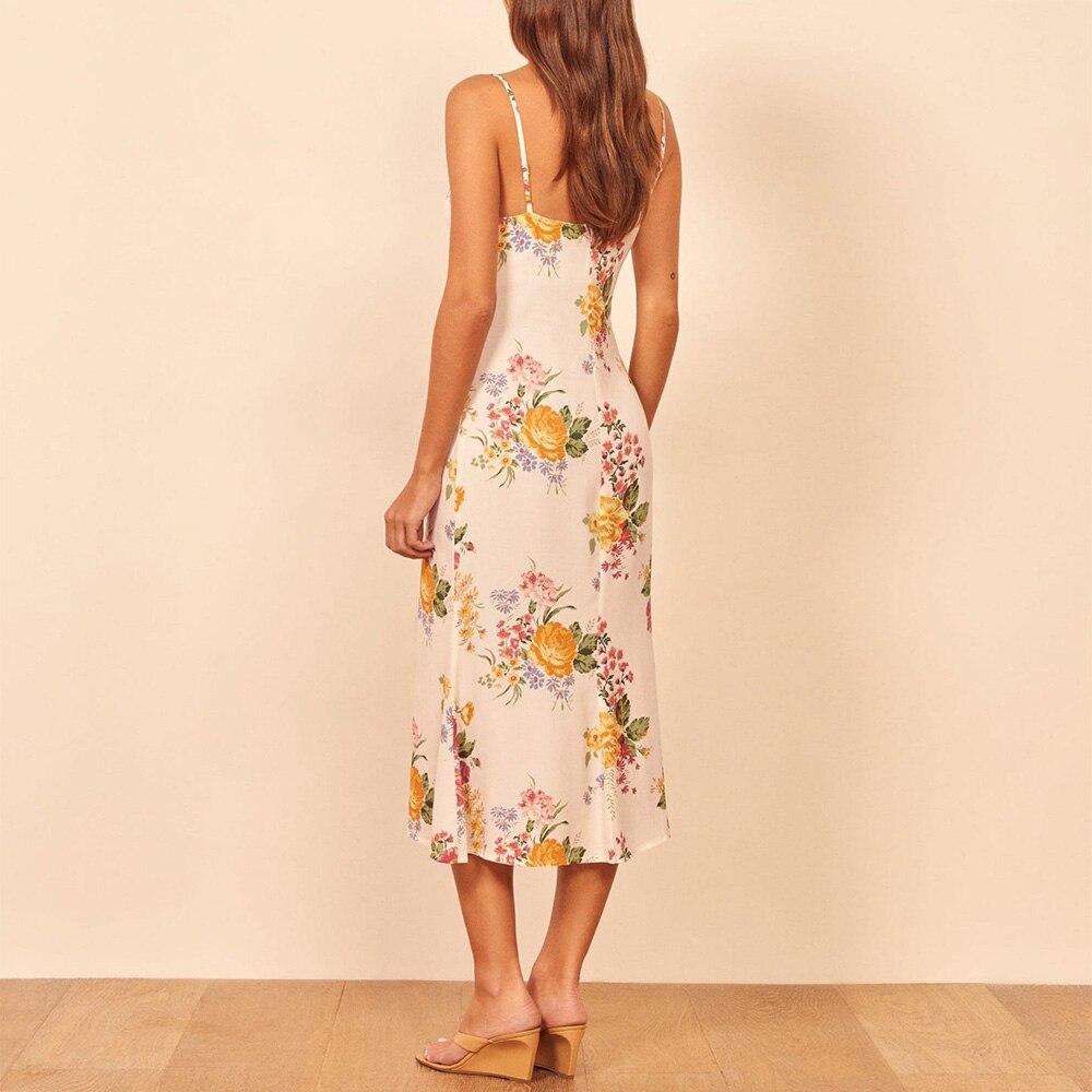 Women Dresses Summer 2020 Elegant Vintage Print Floral Dress Women Summer V Neck Spaghetti Strap Chiffon Midi Casual Woman Dress