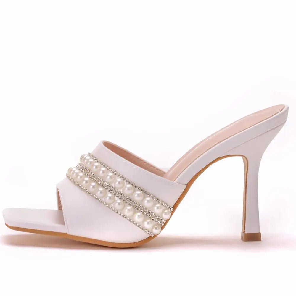 Crystal Queen New Design Square Toe Thin High Heels Slippers Women Sandals Fashion Slip On Slides Summer Shoes Mules