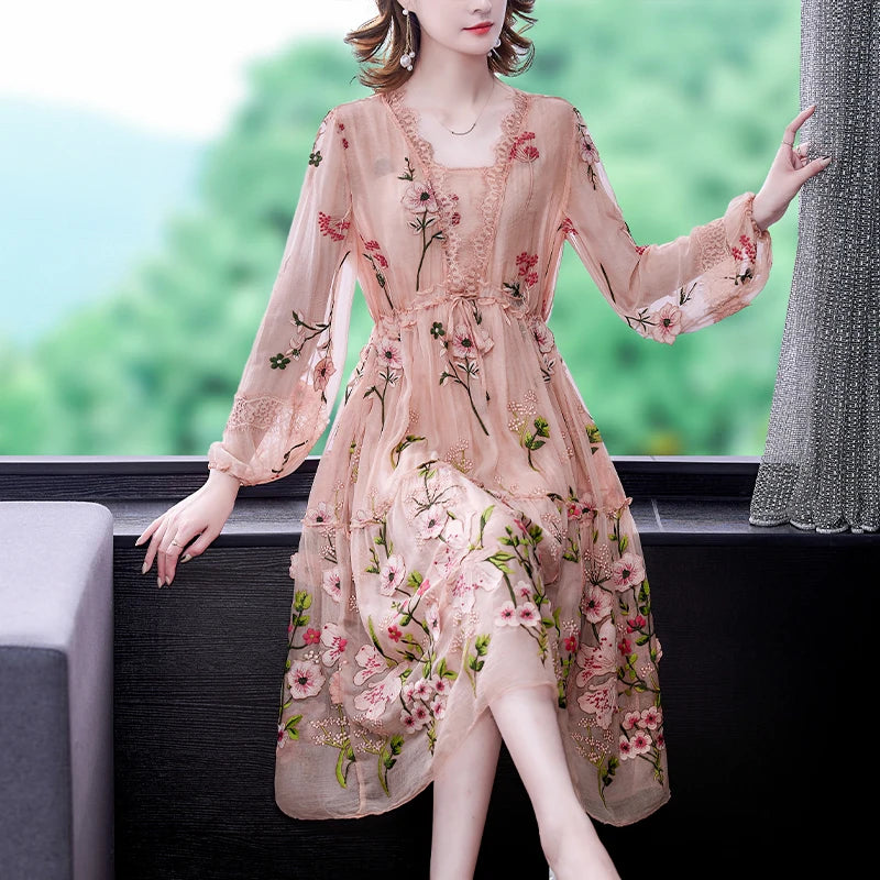 2023 Women Pink Floral Embroidery Long Sleeve Midi Dress Spring Autumn Korean Fashion Natural Silk Dresses Elegant Bodycon Robe