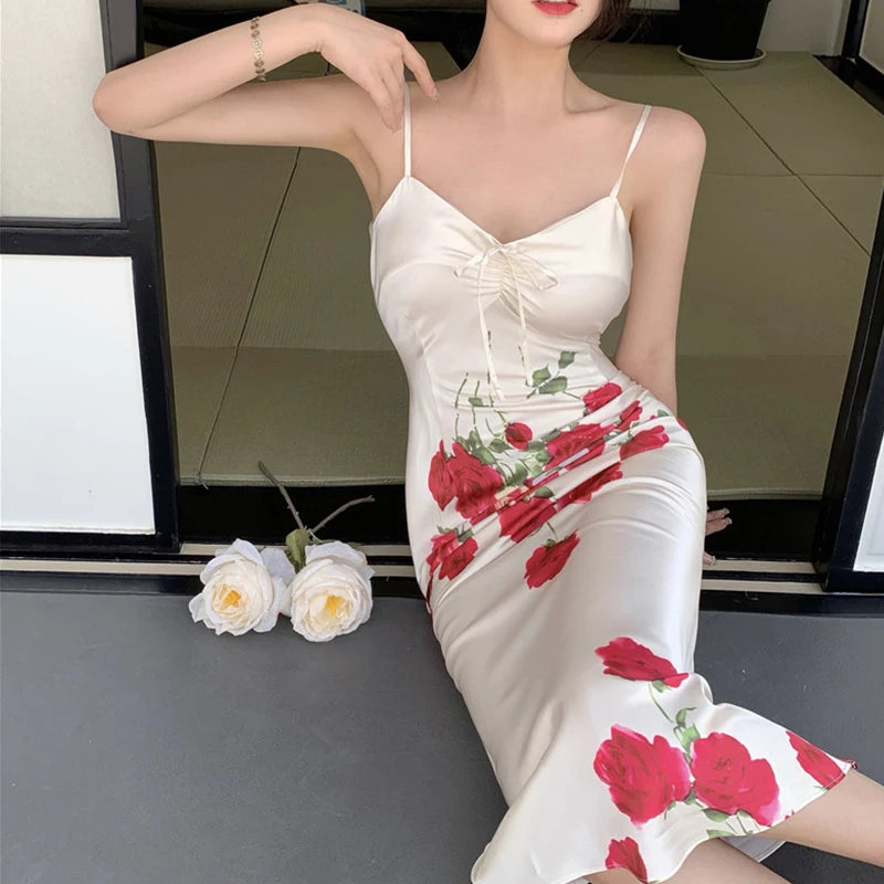 Fashion Vintage Sexy Strapless Sleeveless Midi Party Club Dress Ladies Elegant Robe Casual Floral Print Beach Vacation Dress