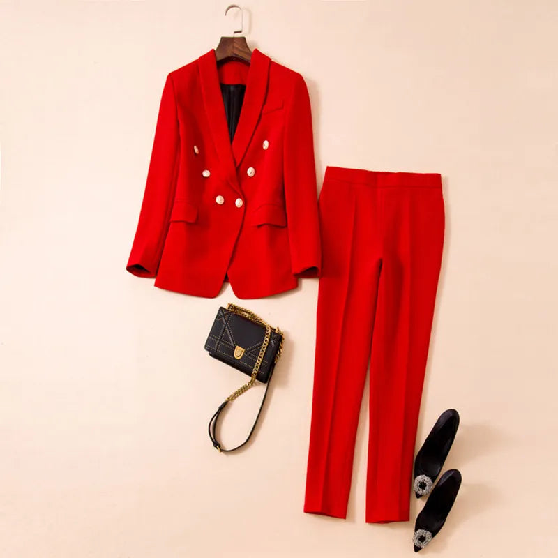 JUNE LIPS Designer Beige Black Red Blazer Suit Set Women's Classic Shawl Collar Lion Buttons Double Breasted Blazer Pants Suits