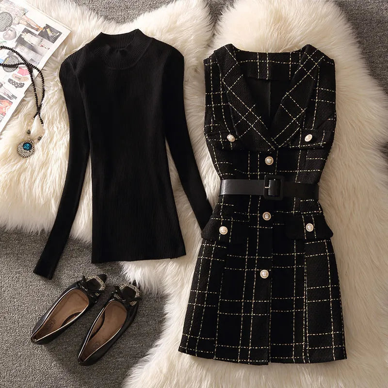 Elegant Plaid Tweed Vest Jacket With Belt Women Korean Unlined Woolen Waistcoat And Bottoming Knit Sweater Vintage 2 Piece Sets