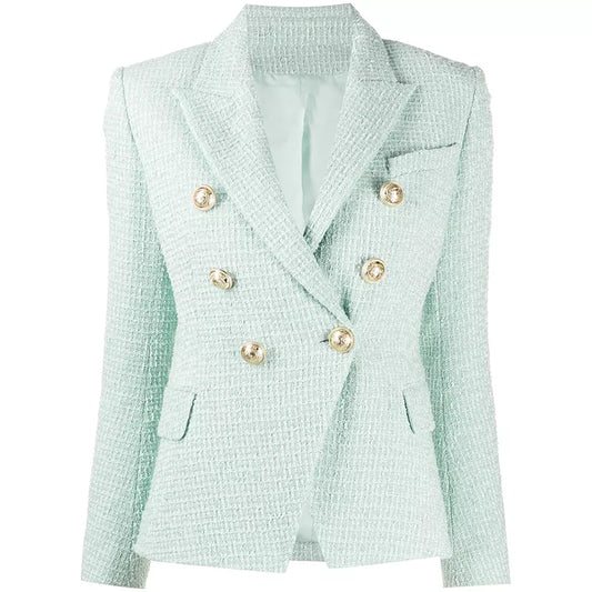 HIGH STREET Newest 2023 Designer Jacket Women's Classic Metal Buttons Double Breasted Tweed Blazer Mint Green