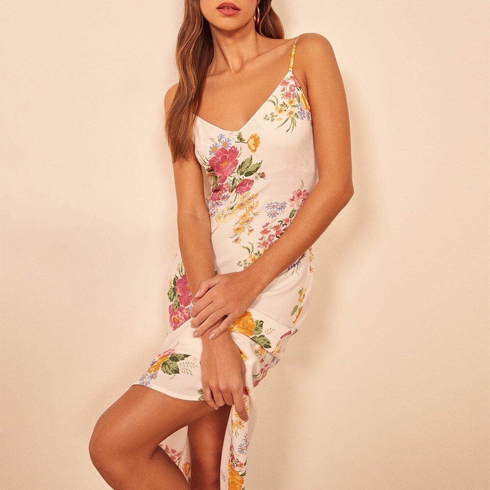 Women Dresses Summer 2020 Elegant Vintage Print Floral Dress Women Summer V Neck Spaghetti Strap Chiffon Midi Casual Woman Dress