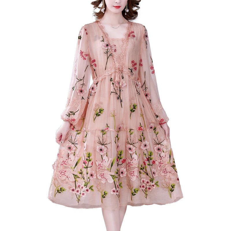 2023 Women Pink Floral Embroidery Long Sleeve Midi Dress Spring Autumn Korean Fashion Natural Silk Dresses Elegant Bodycon Robe