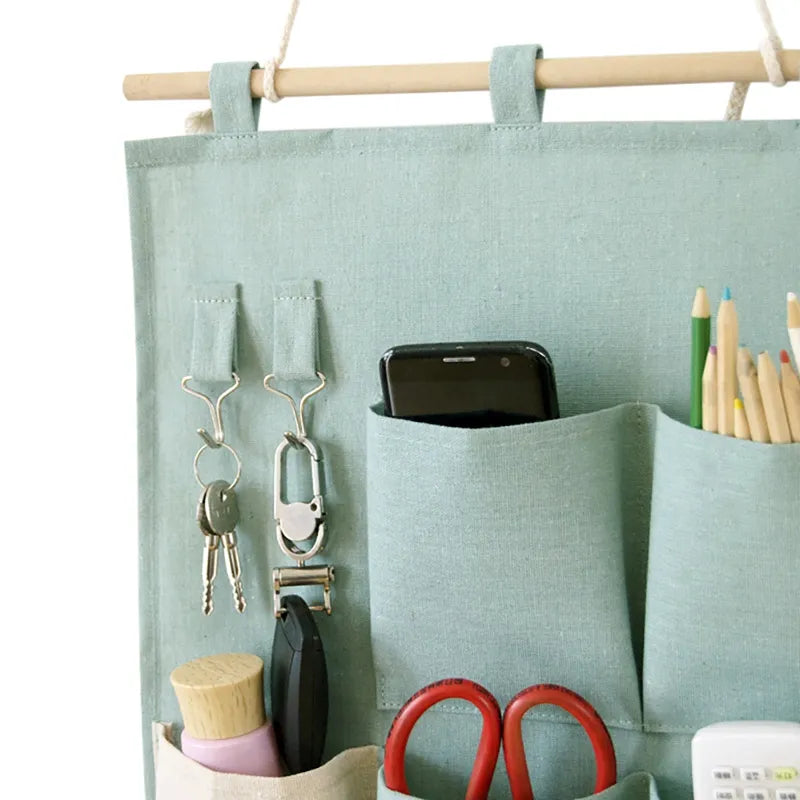 Cotton Linen Hanging Storage Bag 3/7 Pockets Wall Mounted Wardrobe Hang Bag Bedroom Bedside Cosmetic Clothes Organizer