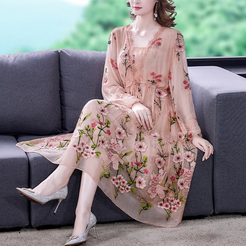 2023 Women Pink Floral Embroidery Long Sleeve Midi Dress Spring Autumn Korean Fashion Natural Silk Dresses Elegant Bodycon Robe