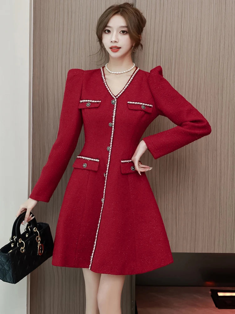 Temperament Ladies Red Tweed Dress Women Luxury Vintage Single-breasted Female V-Neck Long Sleeve Woolen Evening Party Dress