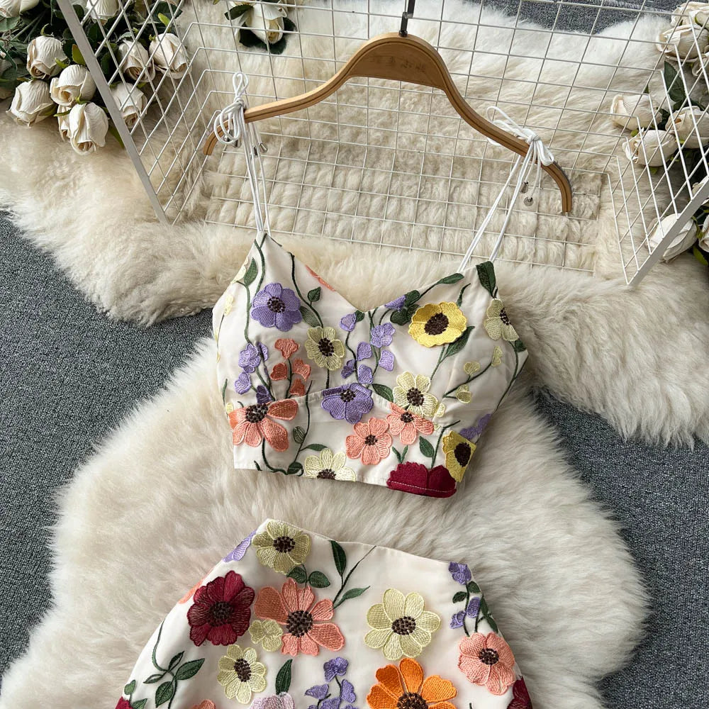 Embroidery Hot Sexy Two-Piece Sets Women Strapless Backless Short Camisole+Mini Skirts 2023 New Summer Female Suits