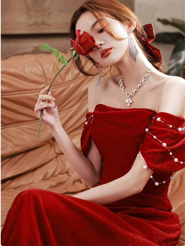 Elegant Wine Red Dress Female Solid Color Strapless Beaded Long A-line Skirt Temperament Evening Gown M344