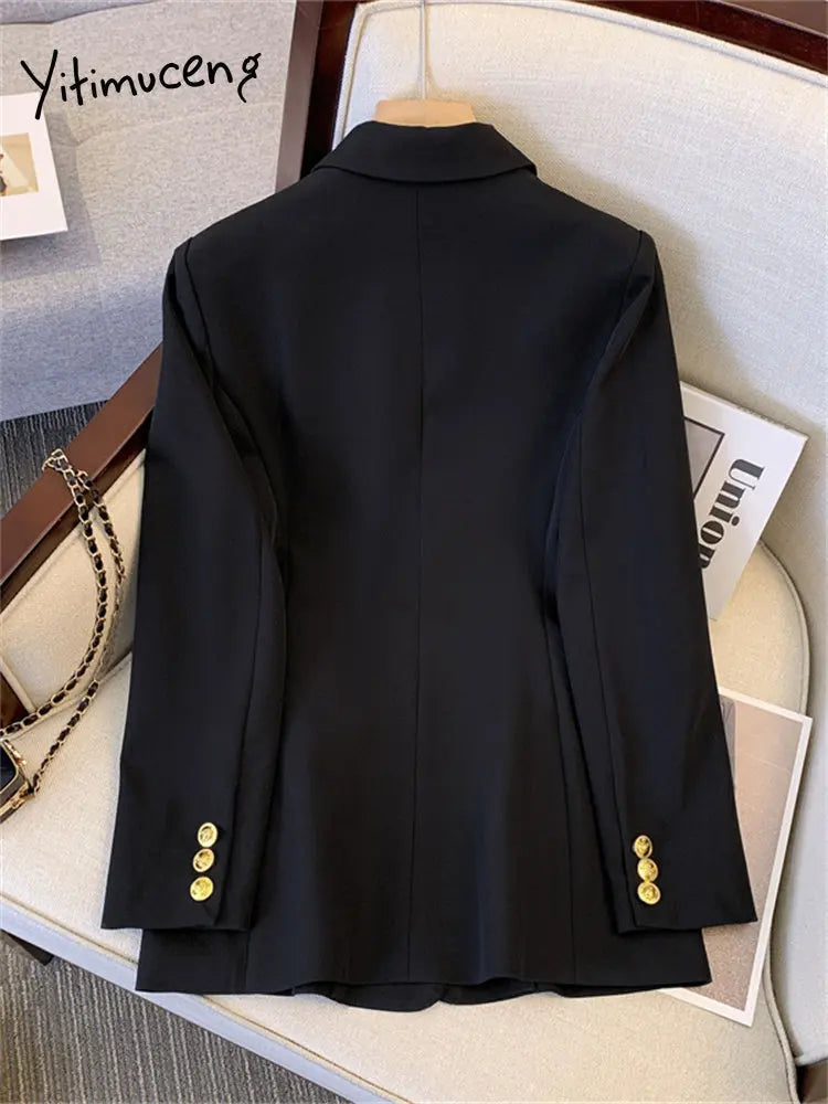 Yitimuceng Fashion Blazers for Women Jackets 2023 New Spring Summer Office Ladies Long Coats Notched Double Breasted Outerwear