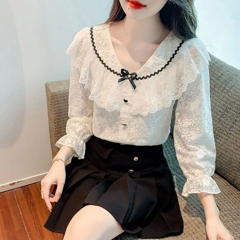 Women Lace Hollow Bow Chic Sweet Japanese Style Blouses White Long Sleeve Elegant Tops Female Fashion Casual Slim Pullover Shirt