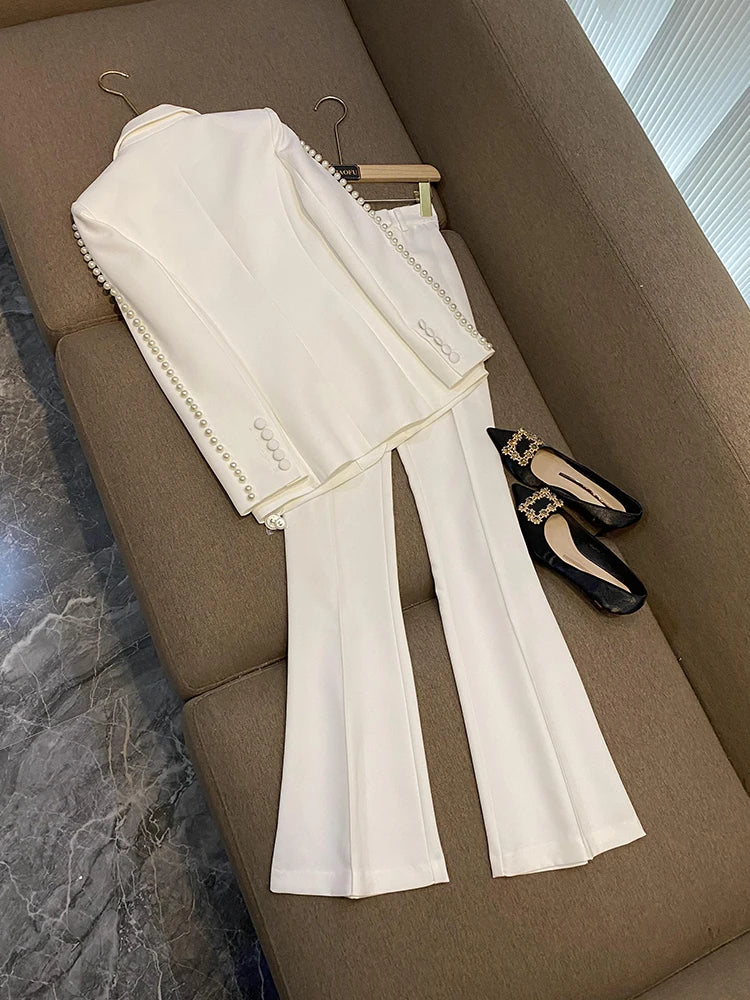 Spring Autumn Delicacy Beads Lady Office Suit Long Sleeve Single Button Blazer Flared Pants Women Solid 2Pcs