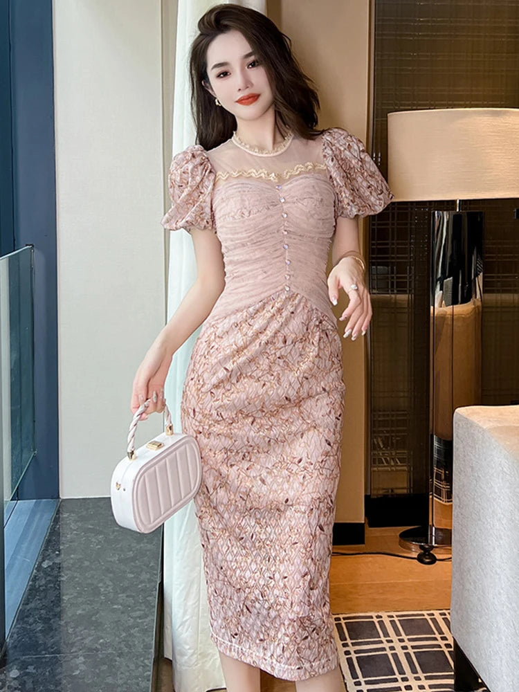 New Sweet Gentle Elegant Prom Dress for Women Sheer Mesh Lace Bright Silk Bubble Sleeve Bodycon Robe Party Vestidos Midi Clothes